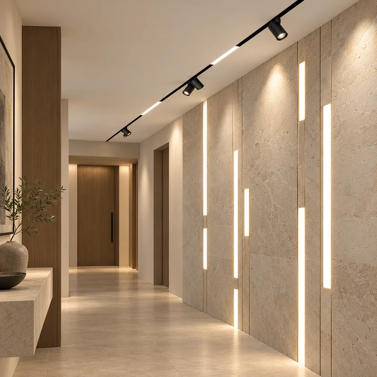 ceiling track and vertical wall light corridor