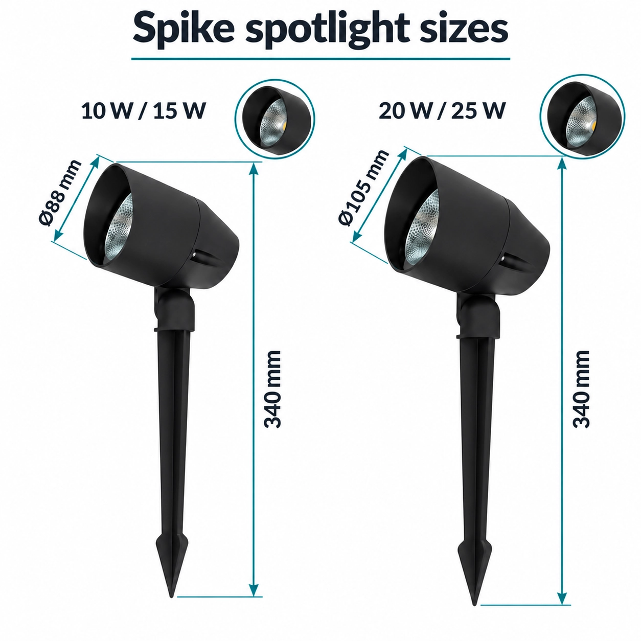led spike spotlight two head sizes and height
