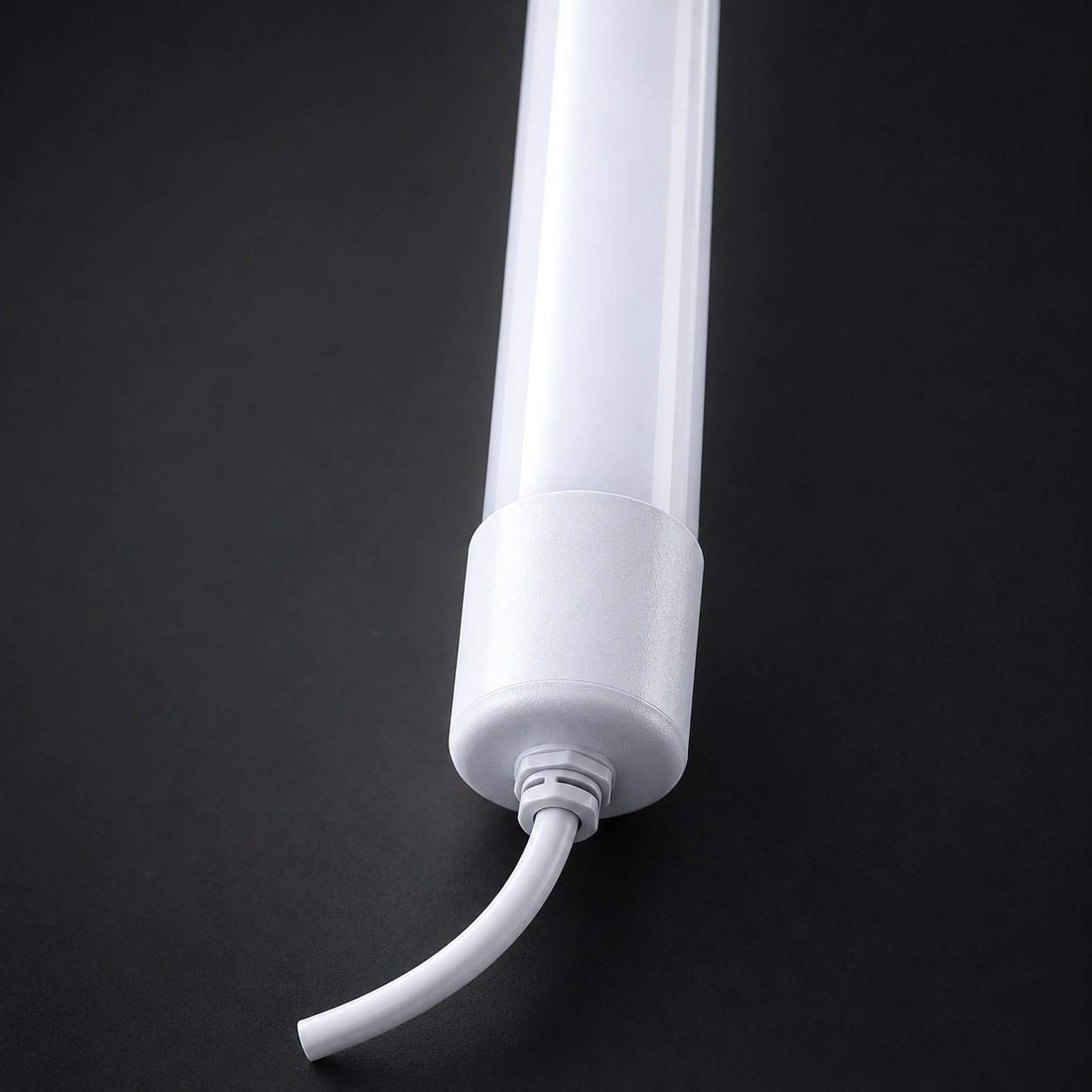 sealed white led tube cable gland detail dark studio