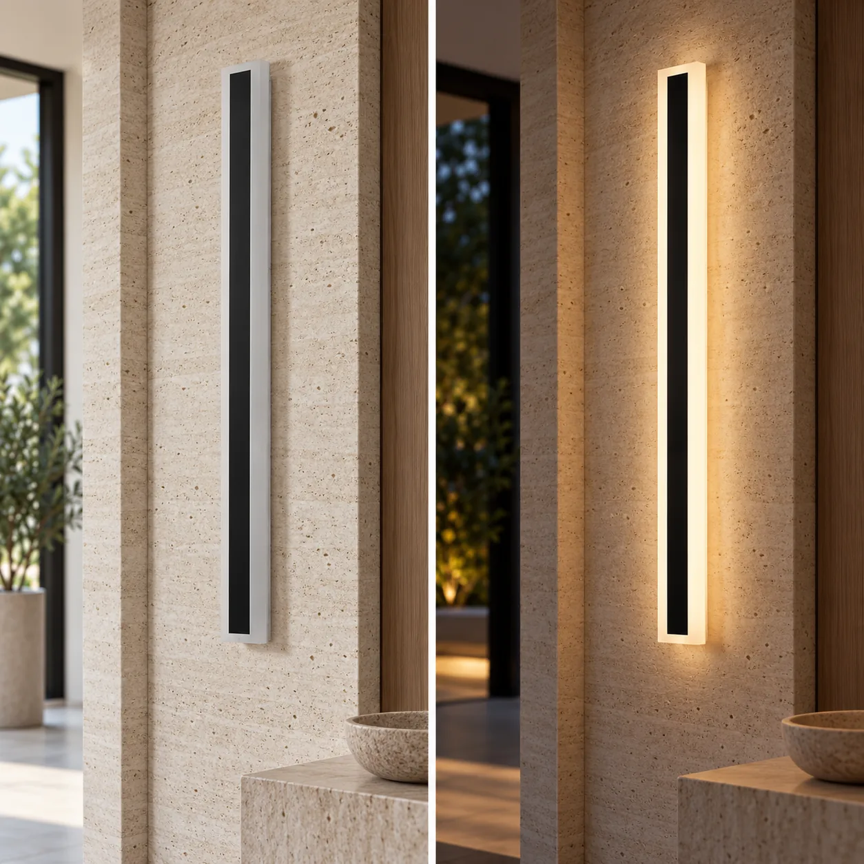 slender vertical wall light off and warm halo comparison
