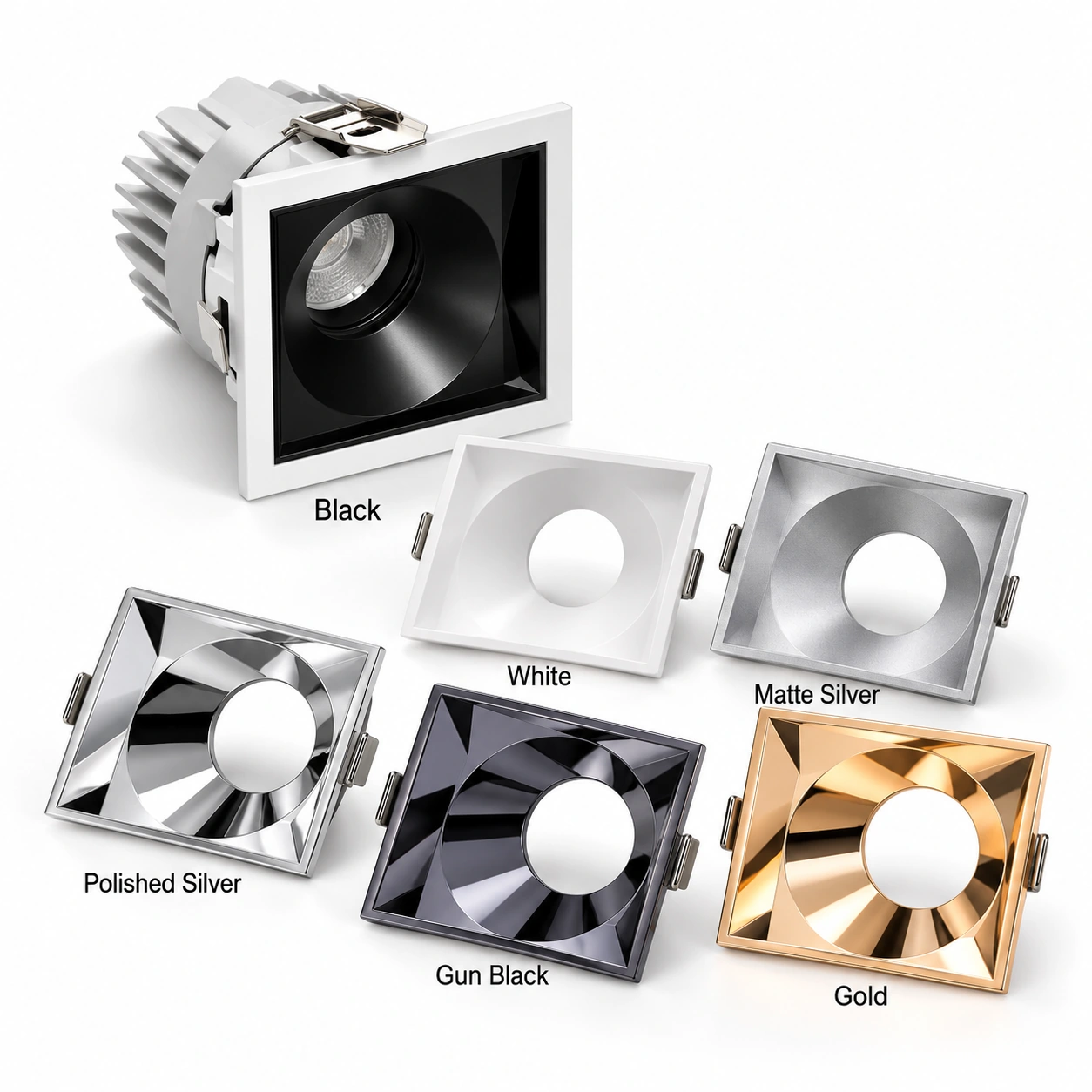 square downlight six reflector finish options