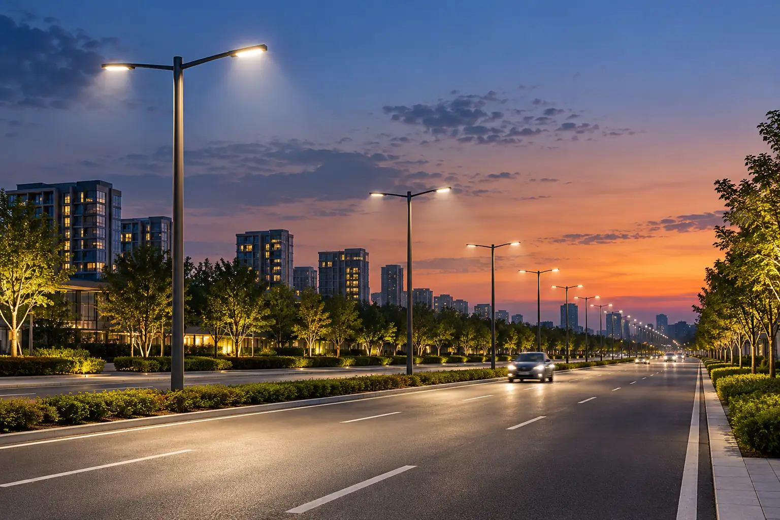 urban road led street lighting at dusk